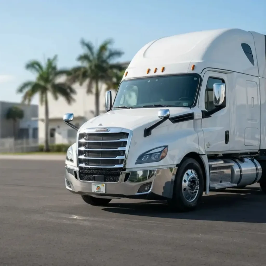 White semi truck parked beside palm trees