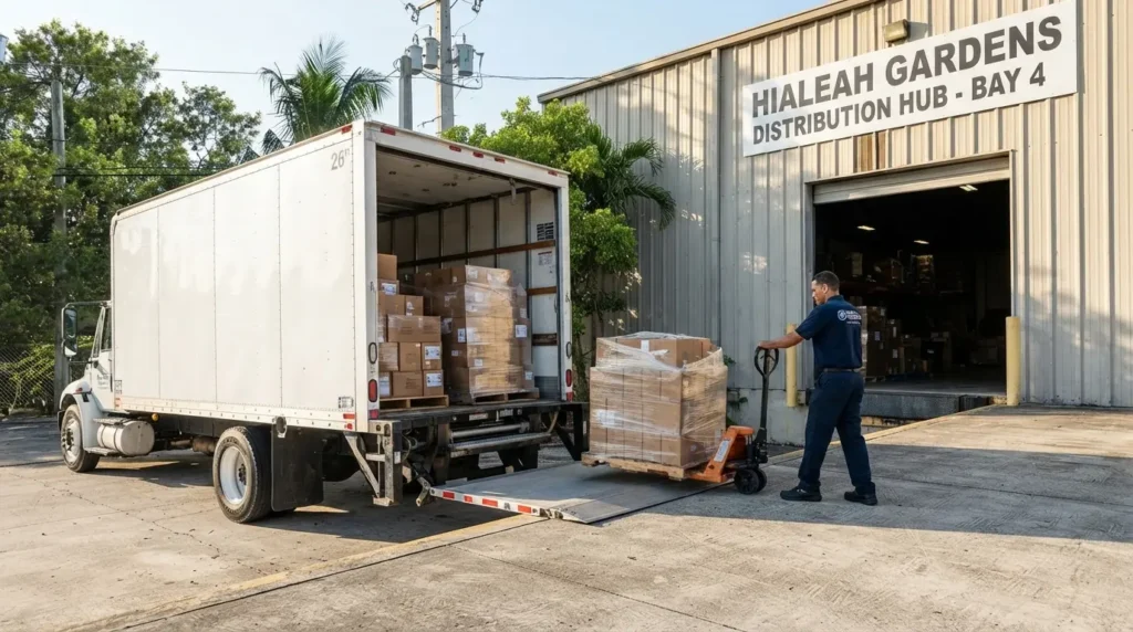 Box truck parked beside a commercial warehouse