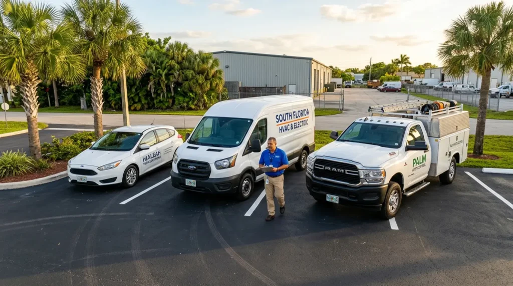 Company cars and a commercial van parked outside a business