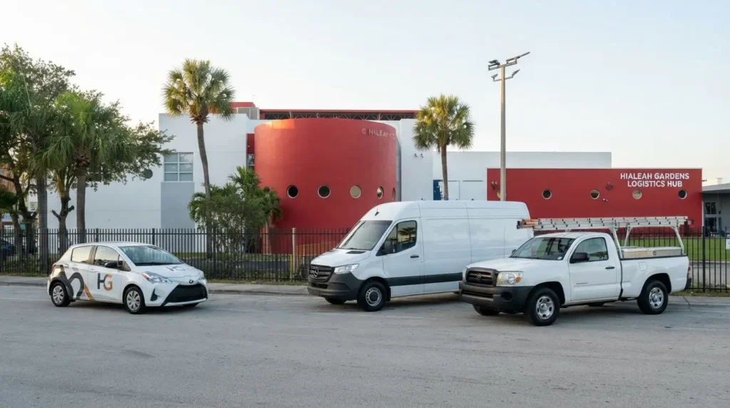 White service van parked outside a commercial building