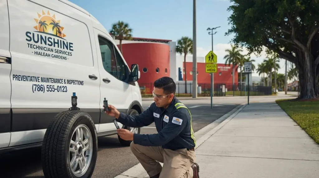 Worker reviewing paperwork beside a commercial van
