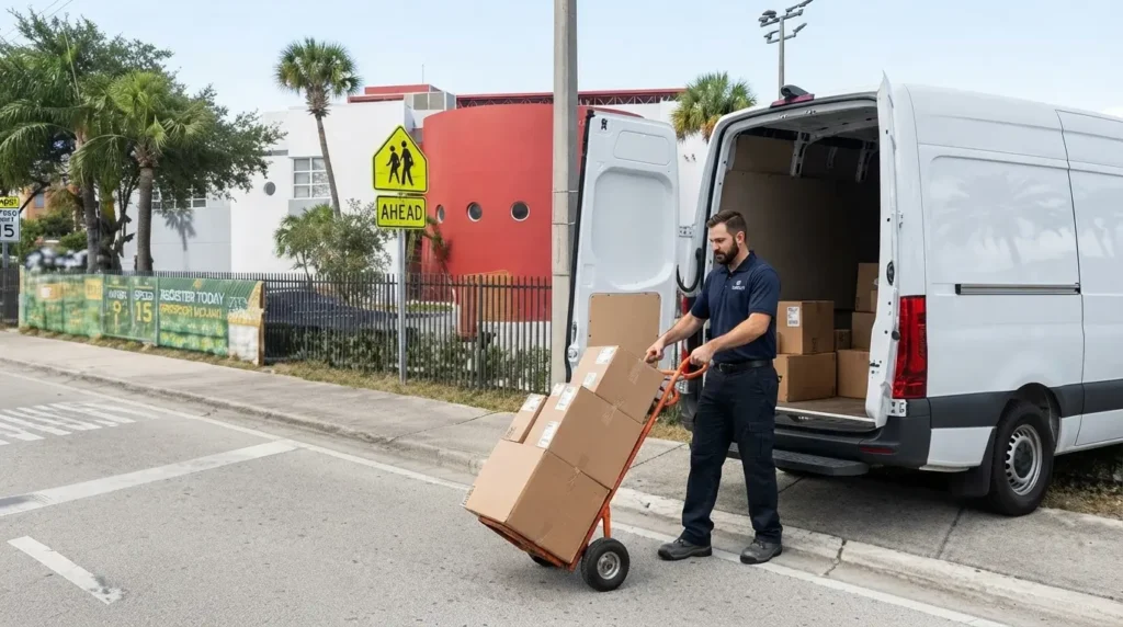 Worker standing beside an open commercial van