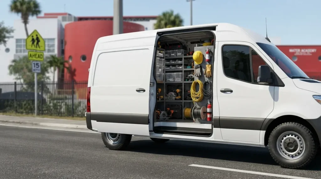 Open service van with tools and equipment stored inside