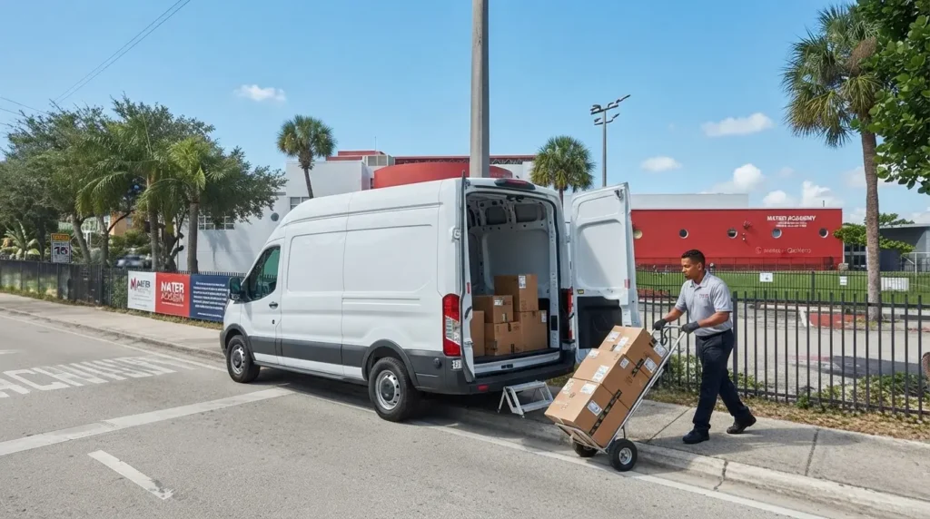 White work van parked outside a commercial building