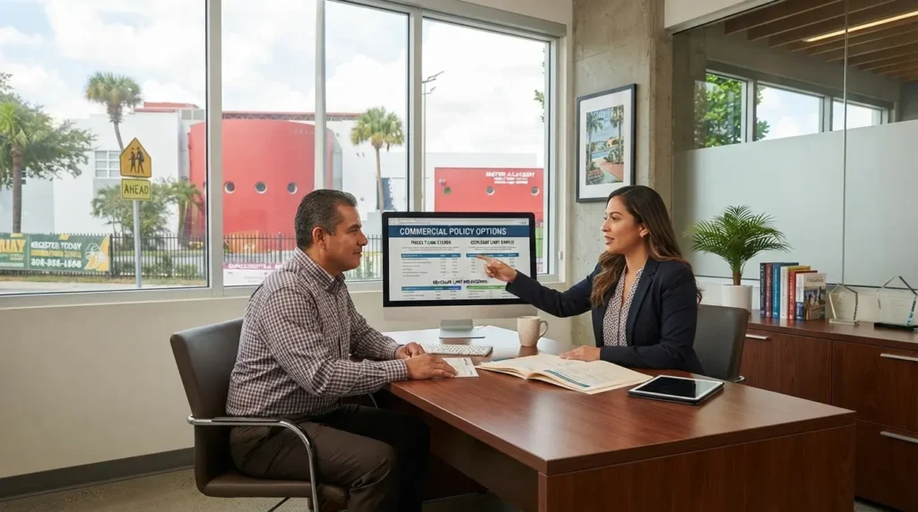 Customer and insurance agent reviewing information on a computer