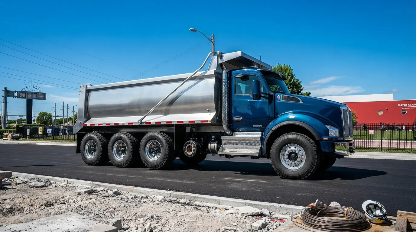 Blue dump truck with a raised dump body