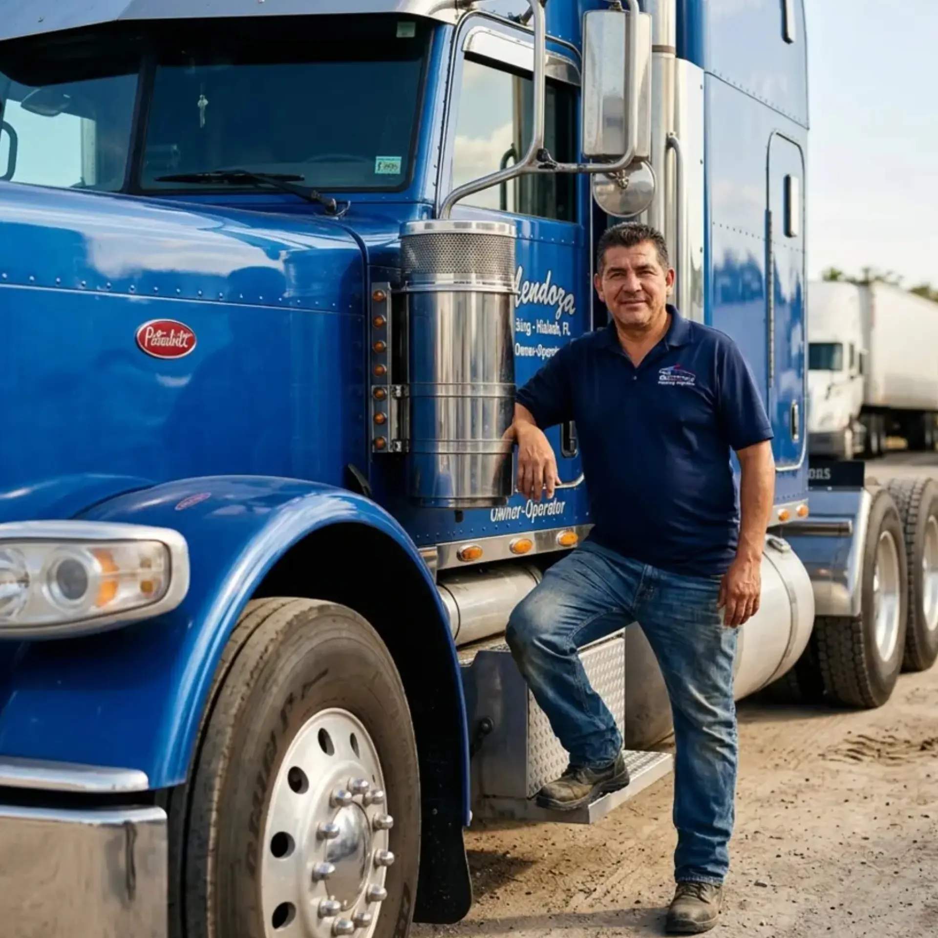 Truck driver standing beside a blue semi truck