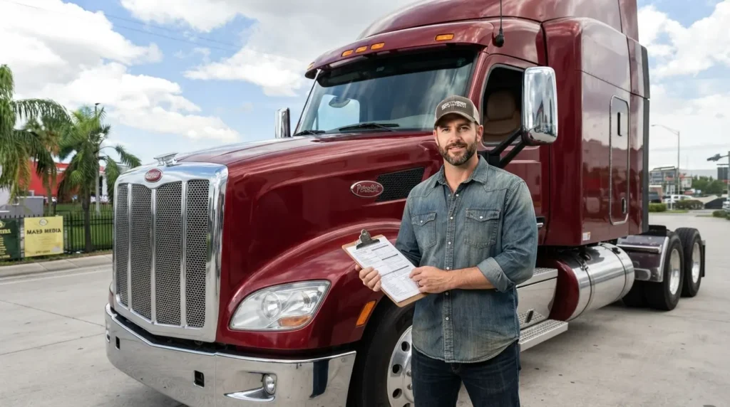 Truck driver standing beside a red semi truck