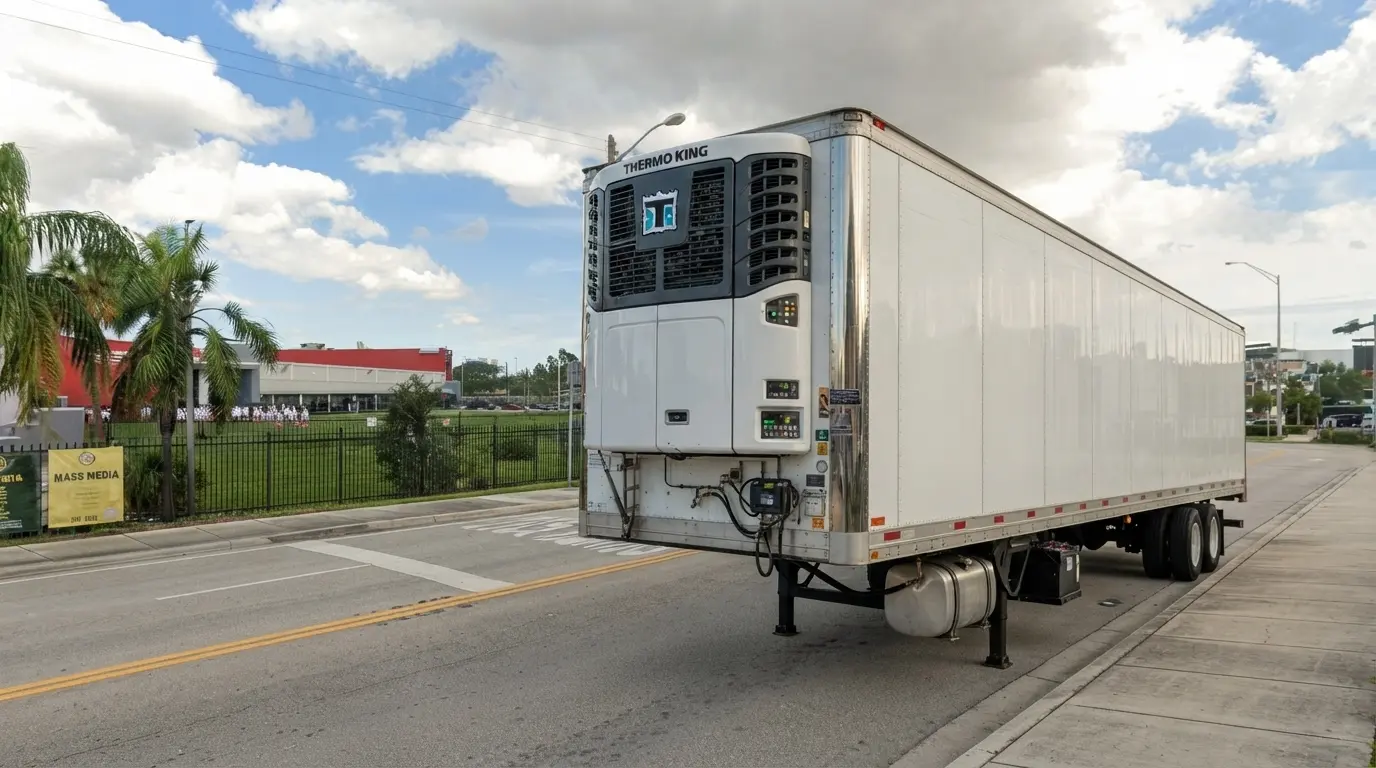 Refrigerated trailer parked outside a commercial building