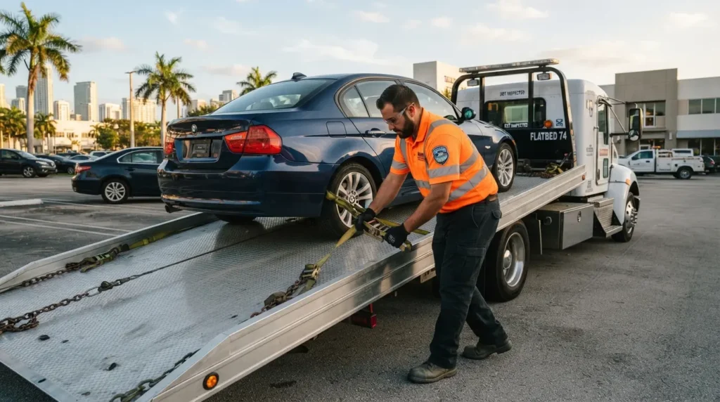 Tow truck operator securing a car on a flatbed