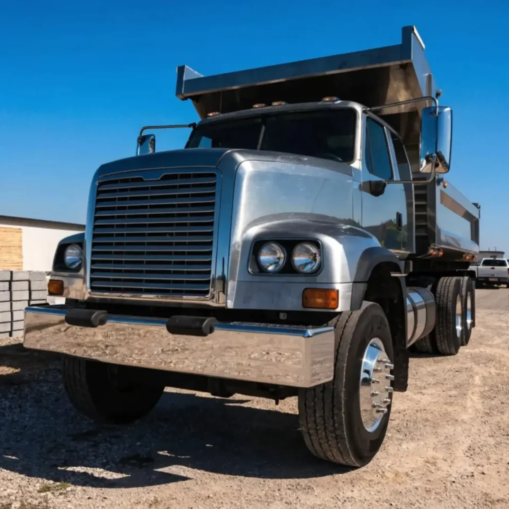 Blue dump truck parked in a materials yard