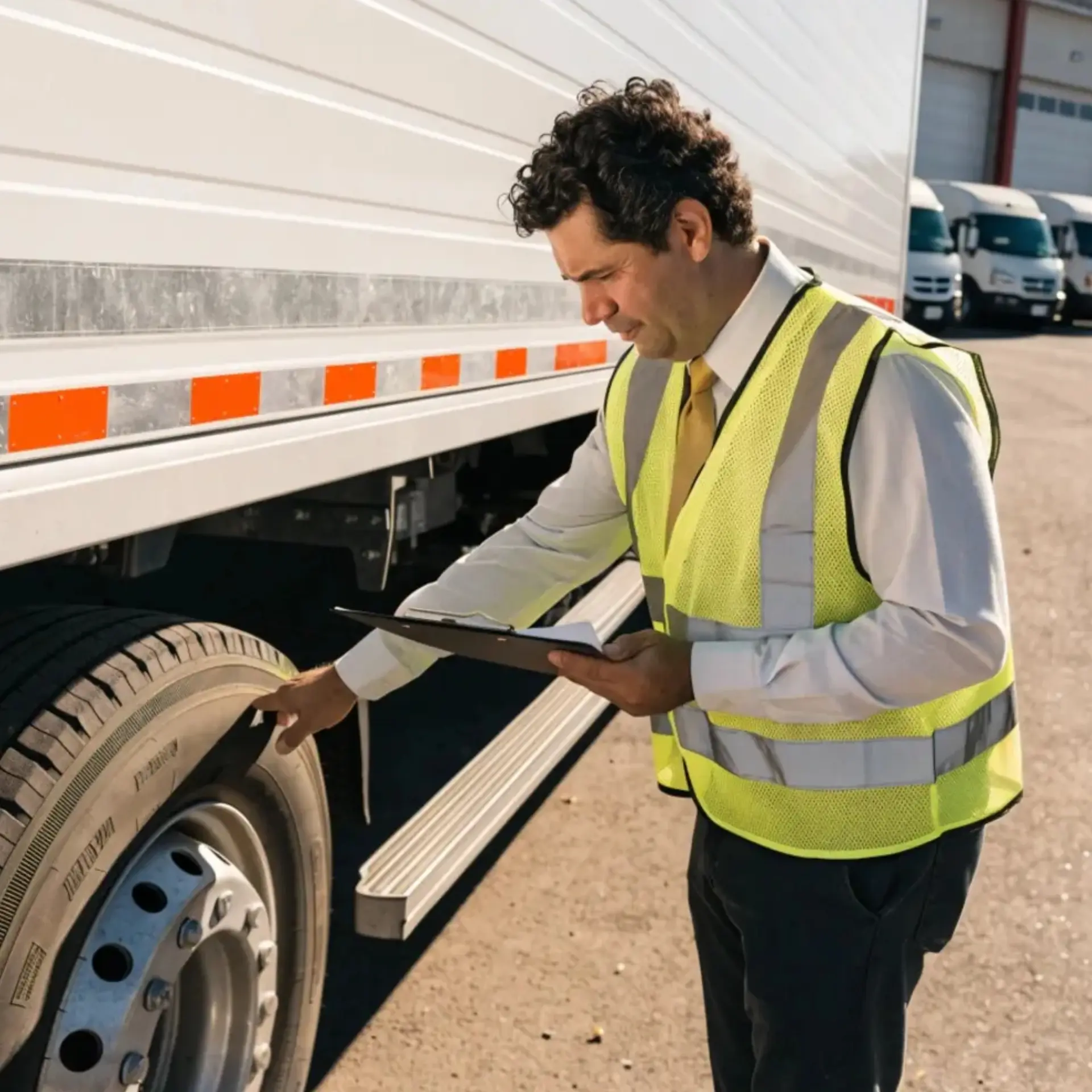 Worker inspecting a semi truck and trailer