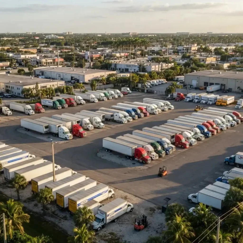 Aerial view of a parking yard with commercial trucks