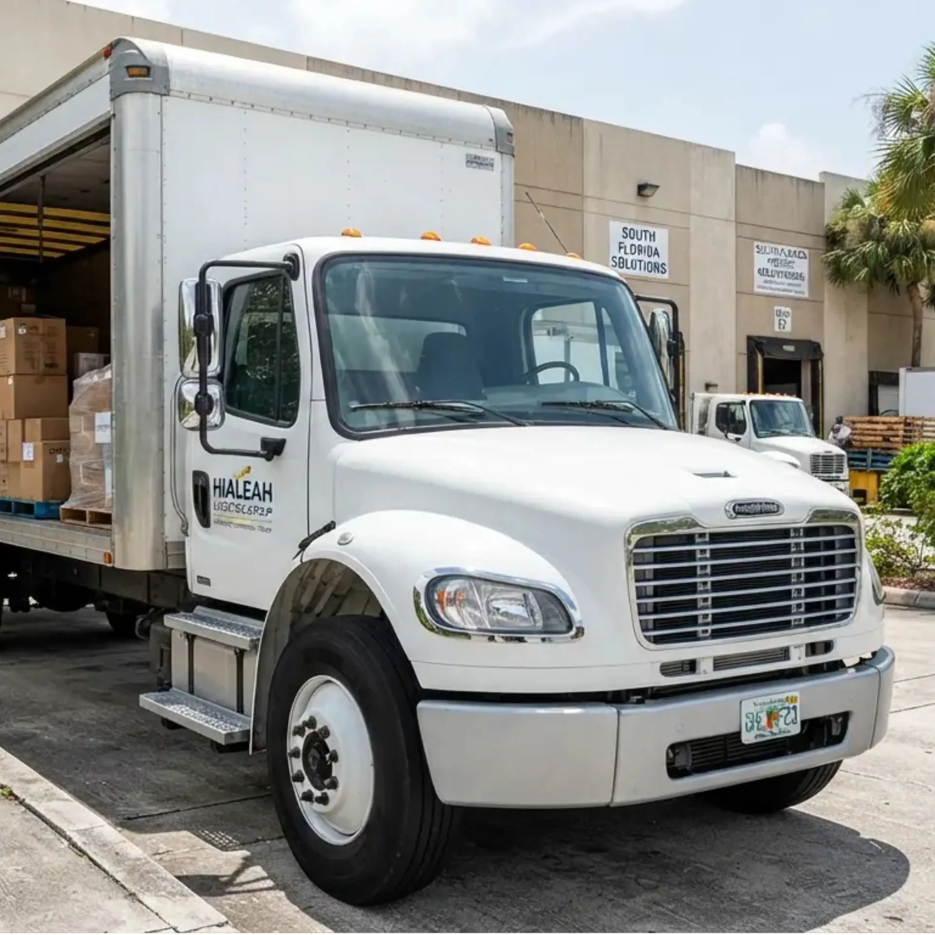 White box truck parked outside a commercial building