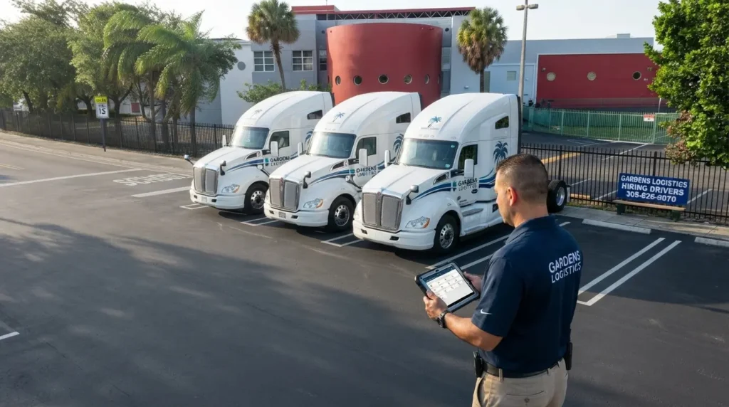 Commercial trucks parked outside a transportation business