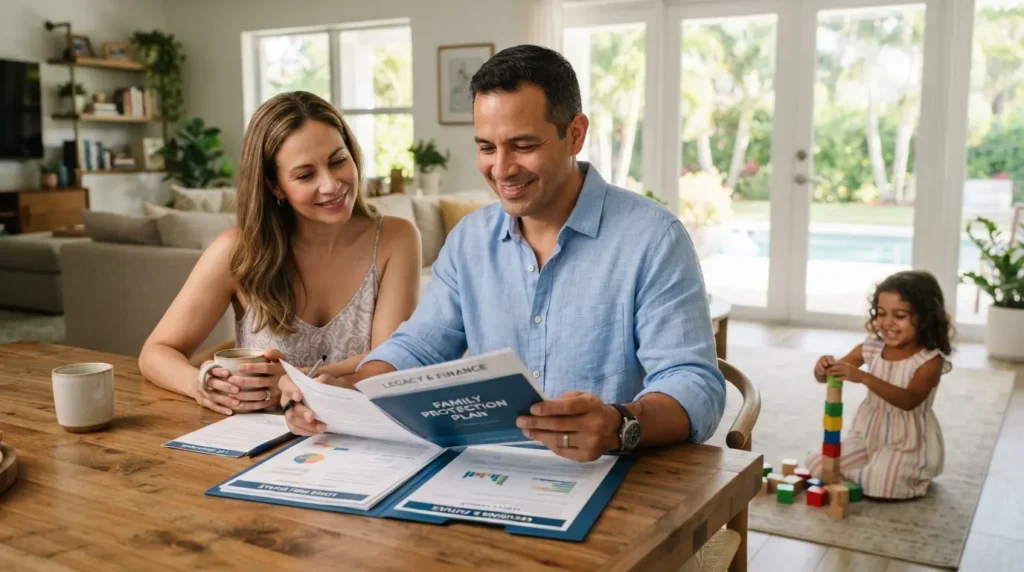 Couple reviewing family protection documents at home